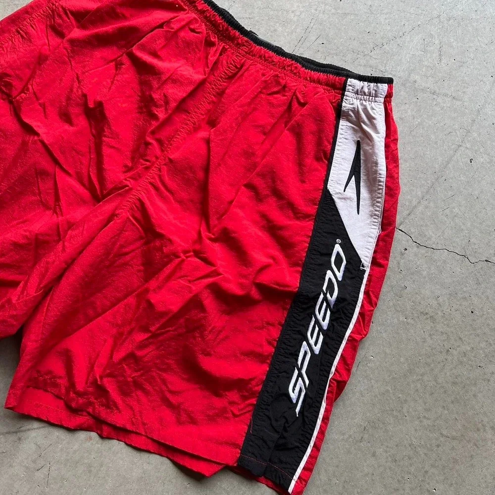 Vintage Speedo Mens Swim Shorts Red Black White Mesh Lined Trunks XL 32 Waist